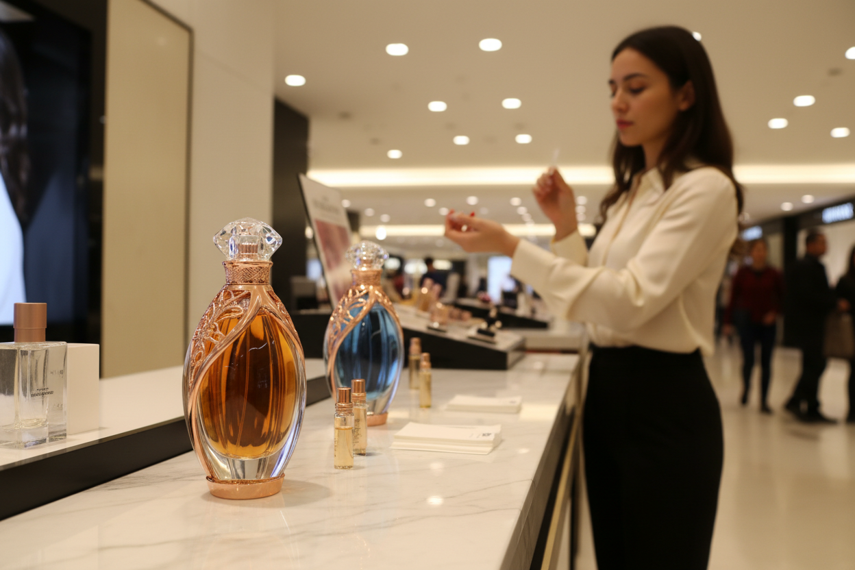 perfume elegant and seductive, at the mall counter, checking out samples